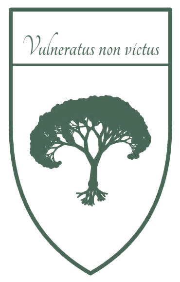 MSO crest: an oak set within a shield, bearing the motto Vulneratus non victus