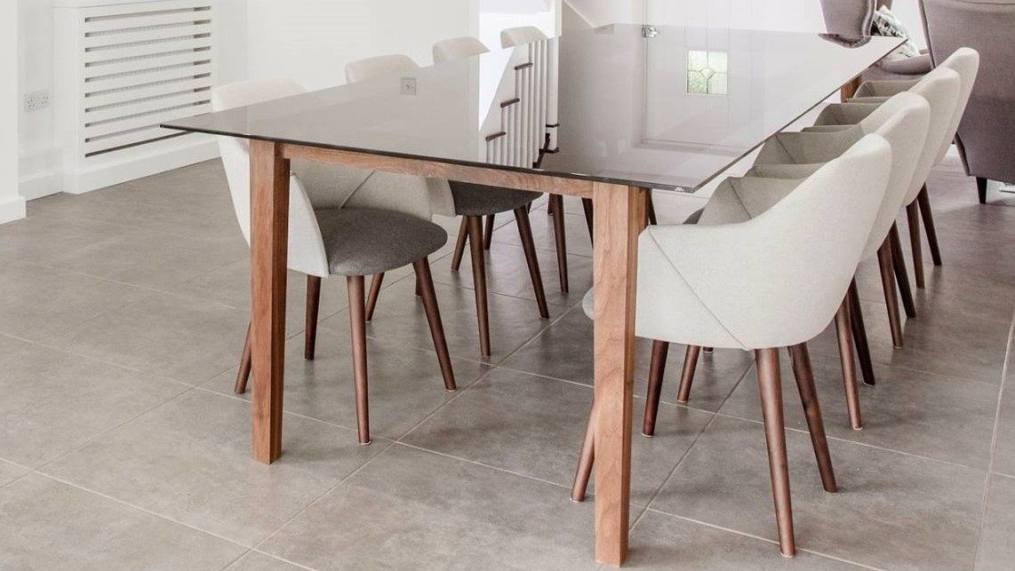 Bespoke solid walnut and smoked-glass table